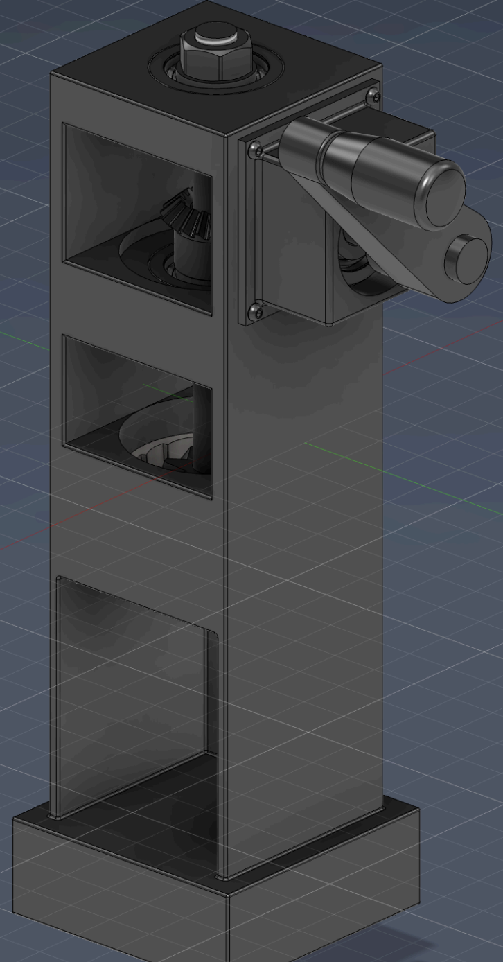 Isometric CAD render of full assembled grinder — dark material on grid background, showing external housing with cutaway windows, crank handle on right, hex nut on top, miter gears and burrs visible through openings