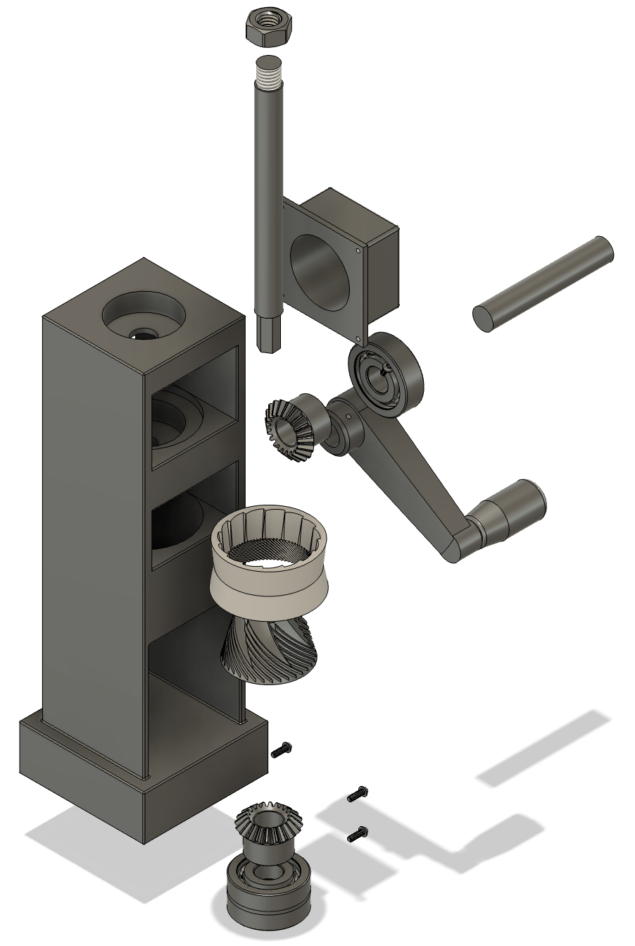 Exploded view of all major components — hex nut and main shaft pulling up from housing, crank assembly pulling right, miter gears and conical burrs separated, mounting screws dropped below